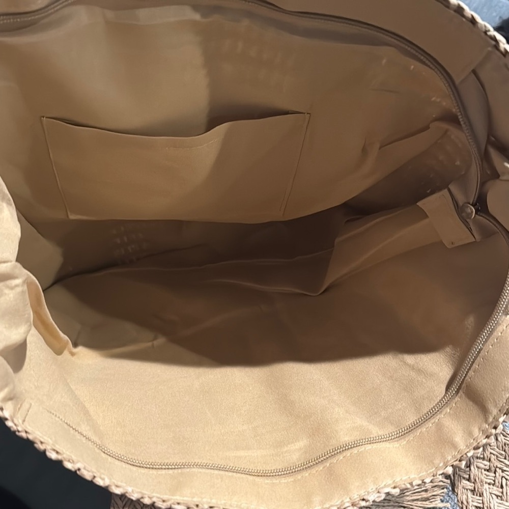 Tan Woven Tote Bag with Basket-Weave Texture - Picture 6 of 7